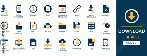 Download icon set collection. phone download, upload, save, link, click download, document, file, pdf, transfer, folder, data and best solid icon set.
