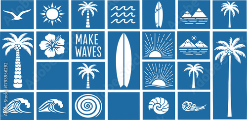 Collection of summer-themed icons featuring palm trees, waves, surfboards, and sunshine on a blue background