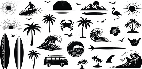 Set of Black and White Summer Vacation Icons with Surfboards, Waves, and Tropical Elements