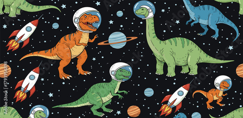 Dinosaur astronauts explore the cosmos amidst stars, planets, and rockets in a playful pattern