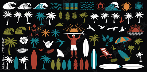 Surfboard and wave icons set, sun and palm tree elements for summer vacation and beach resort designs