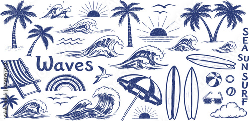 Summer Beach Scene Surfing, Waves, Palms, and Sun for Relaxation