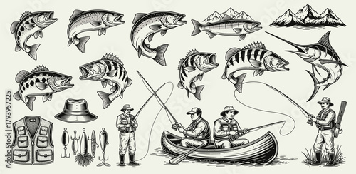 Classic Engraved Fishing Set A Comprehensive Illustration Collection of Diverse Fish Species, Anglers, and Essential Gear for Recreational Angling Adventures