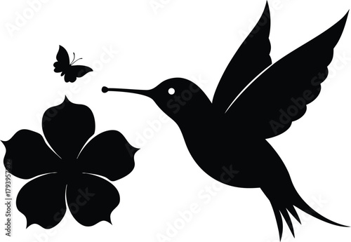 Hummingbird and Flower Silhouette Vector – Nature Wildlife Bird Clipart Design