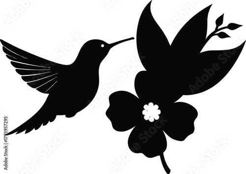 Hummingbird and Flower Silhouette Vector – Nature Wildlife Bird Clipart Design