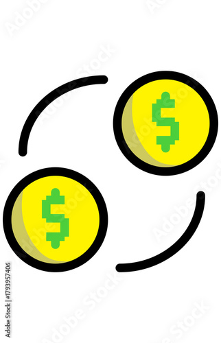 Two dollar coins circular exchange icon. Financial transfer or transaction symbol. Money circulation movement graphic.