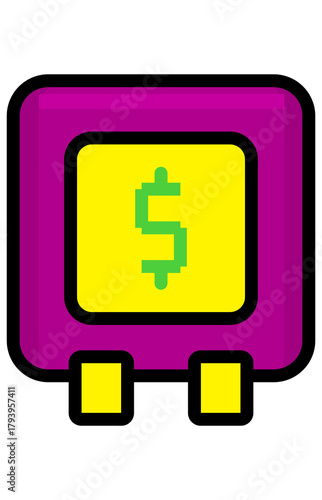 Safe box for money and assets icon. Financial security storage deposit symbol. Magenta and yellow private lockbox graphic.