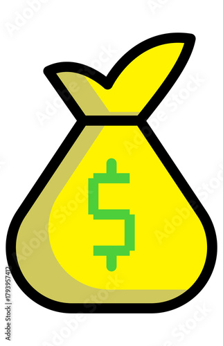 Money bag containing dollar sign graphic. Large sum of wealth savings icon. Financial asset or profit storage.
