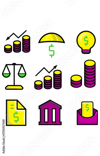 Nine colorful finance and business icons. Set of economic investment symbols grid. Financial tools and management concept.