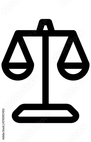 Outline icon of legal balance scales. Justice and equality measurement symbol. Fair assessment comparison graphic.