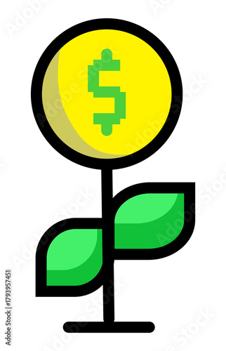 Dollar coin growing from plant stem. Financial growth investment success symbol. Startup money generating venture graphic.