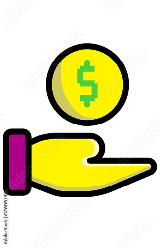 Hand presenting or giving a dollar coin. Financial donation or payment concept. Offering cash transaction graphic.