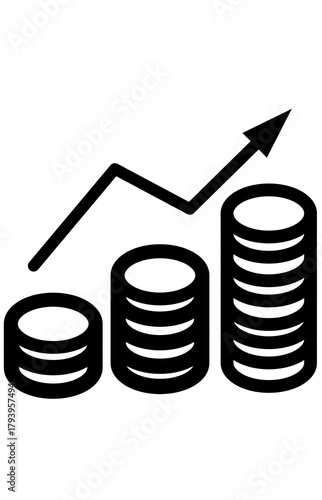Outline icon coin stacks upward trend graph. Financial growth investment profit symbol. Stock market chart increasing value.