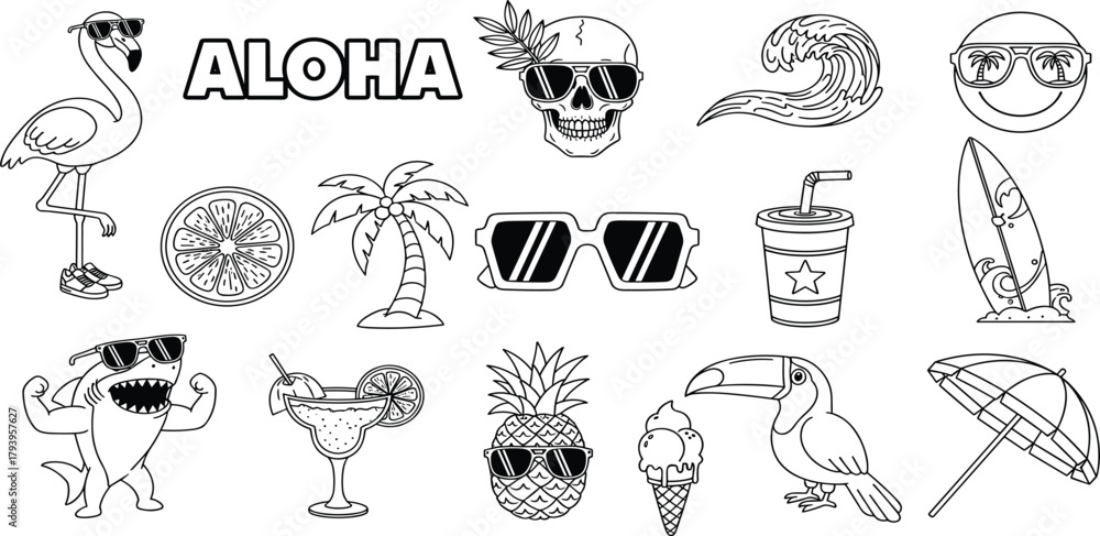 Fototapeta premium Summer vacation and tropical icons set with flamingo, shark, sunglasses, cocktail, pineapple, toucan, and surfboard, all in doodle style