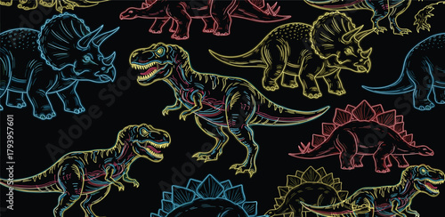 Vibrant seamless pattern of retro neon sketch dinosaurs like T-Rex and Triceratops on a dark, repeating background wallpaper design