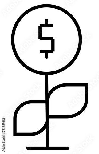 Outline icon dollar coin growing from plant. Financial growth investment success symbol. Startup money generating venture graphic.