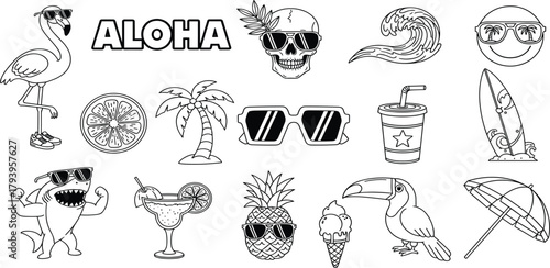Summer vacation and tropical icons set with flamingo, shark, sunglasses, cocktail, pineapple, toucan, and surfboard, all in doodle style