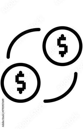 Outline icon two dollar coins circular exchange. Financial transfer or transaction symbol. Money circulation movement graphic.