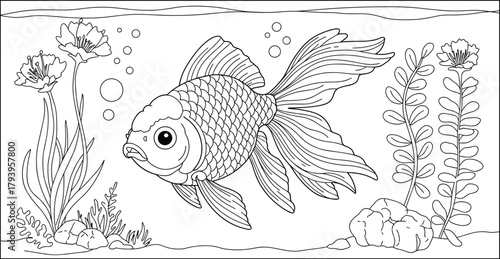 PrintBeautiful goldfish swimming in aquarium with aquatic plants and bubbles, detailed underwater line art illustration for coloring book design