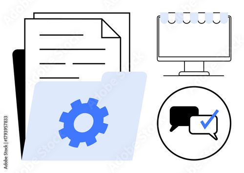 Documents, gear folder, monitor with planner tabs, chat bubbles with checkmark. Ideal for organization, productivity, workflow, data management collaboration digital processes efficiency. Simple