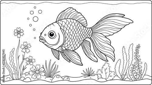 PrintBeautiful goldfish swimming in aquarium with bubbles and aquatic plants, detailed black and white line art drawing illustration