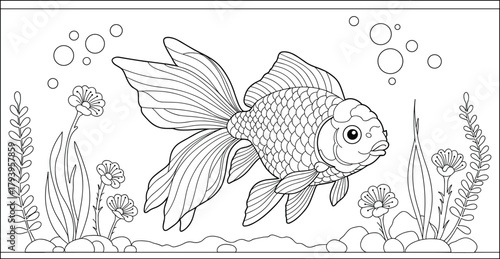 PrintBeautiful goldfish swimming in aquarium with plants and bubbles, detailed underwater illustration, black and white line art for coloring book