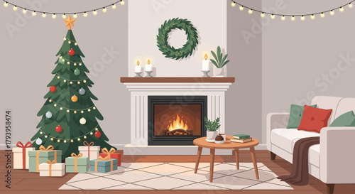 Warm cozy Christmas interior with fireplace, Christmas tree, gifts, and lights, flat vector illustration