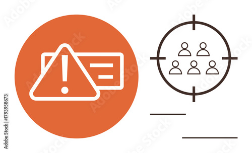 Triangular warning sign with exclamation mark overlaps document icon. Reticle targets group of people icons on the right. Ideal for safety, focus, audience targeting, alertness, caution
