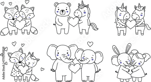 PrintCute animal couples holding hearts illustration, adorable romantic cartoon drawing, love and friendship art, Valentine’s day coloring page design