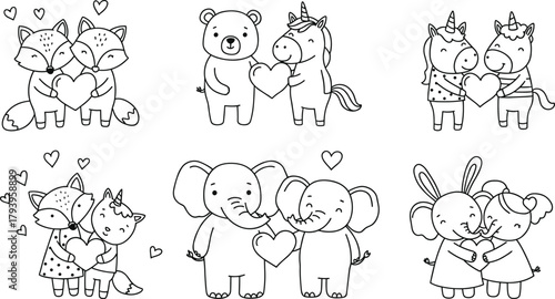 PrintCute animal couples holding hearts illustration, adorable romantic cartoon drawing, love and friendship characters, Valentine’s day coloring page artwork design