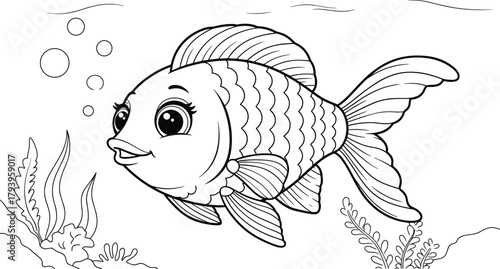 PrintCute cartoon fish line art, underwater illustration, black and white ocean animal drawing, sea life coloring page for kids and adults