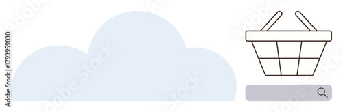 Cloud element, shopping basket, search bar representing e-commerce, digital shopping, online retail. Ideal for cloud computing, search, marketing, shopping e-commerce technology innovation