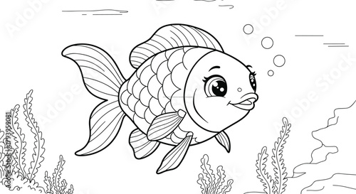 PrintCute cartoon fish underwater scene, smiling goldfish with bubbles, aquatic plants, seaweed, coral reef outline, ocean life illustration, coloring page, vector art