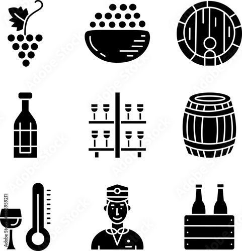 Wine Production Glyph Icons — Vineyard, Grapes, Barrel, Bottle