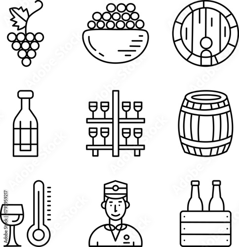 Wine Production Line Icons — Vineyard, Grapes, Barrel, Bottle, Cellar Outline Vector Set