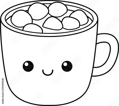PrintCute hot chocolate cup with marshmallows and smiling face, kawaii coffee mug illustration, adorable cartoon drink for winter season
