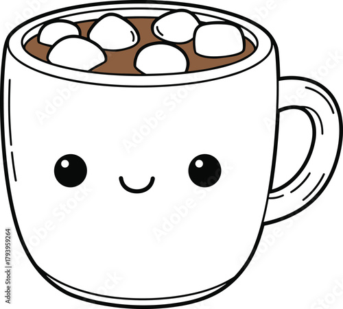 PrintCute hot chocolate cup with marshmallows and smiling face, kawaii cartoon coffee mug illustration, adorable cozy winter drink design