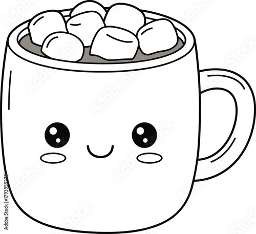 PrintCute hot chocolate mug with smiling face and marshmallows, kawaii coffee cup illustration, adorable winter drink cartoon art