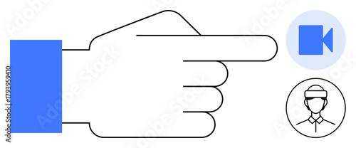 Flat hand pointing towards a camera and profile icon. Ideal for concepts thumbs up video call, communication, interactive tutorial, content creation, media production, user interface, simple flat