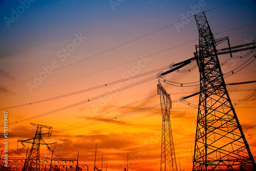 Pylon, high-voltage tower sky background.