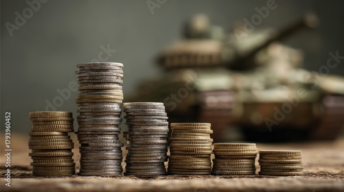 Stacked coins in front of a tank wealth and war concept