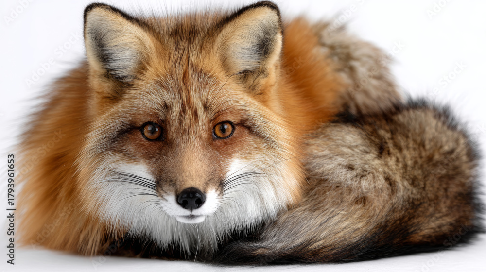 Fototapeta premium Here metadata for image, following your guidelines Red fox seems comfortable and relaxed, curled up on white background. It looks at camera with tranquil expression, enjoying moment