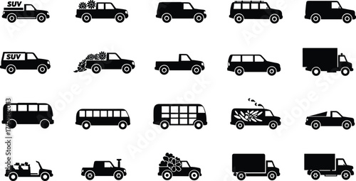 PrintSilhouette vehicles collection, SUVs, pickup trucks, vans, buses, floral cargo icons, transport symbols, black vector automotive set for commercial design use