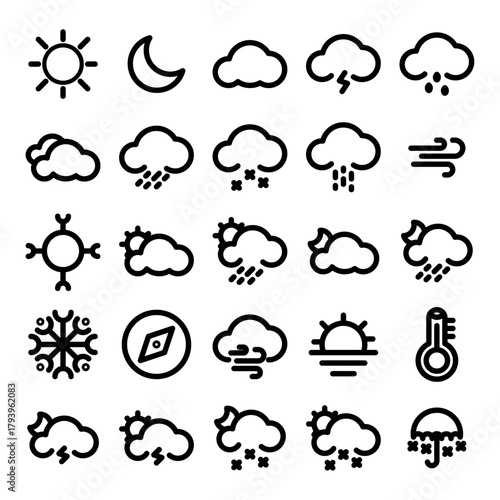 Weather line icon set. Meteorology forecast symbols for sun, cloud, rain, and snow. Simple outline vector collection for
