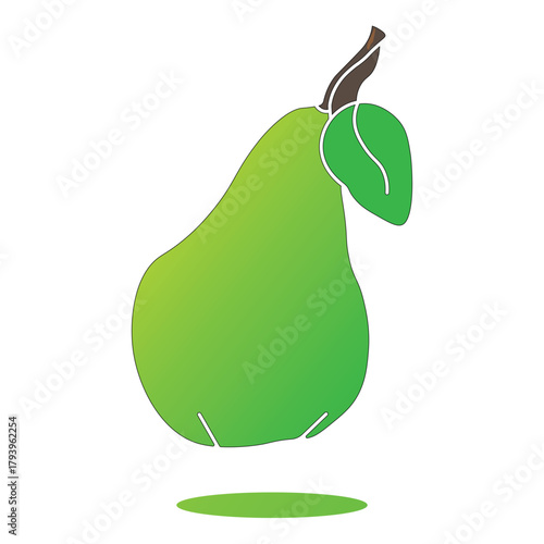 Stylized green pear vector illustration with a leaf and stem on a clean background, fruit