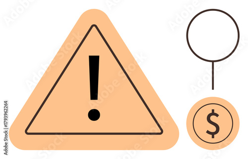 Yellow triangle warning sign with exclamation mark, circular tag, dollar coin symbol. Ideal for finance, caution, attention, risk management, alerts economic issues business strategies. Simple flat