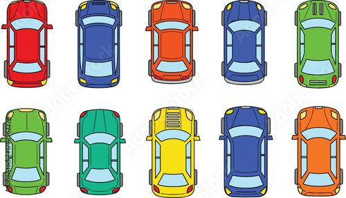 Printtop view cars, colorful vehicle set, automotive illustration pack, urban transport collection, modern car graphic layout, traffic design elements, transportation icons