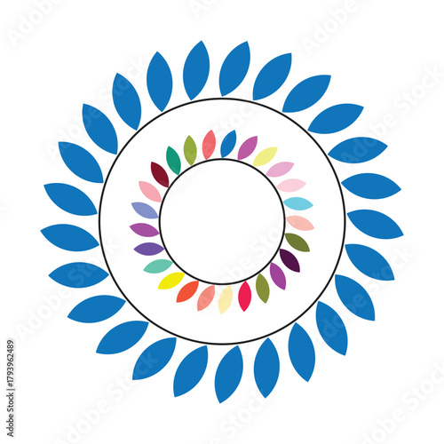 Abstract graphic design featuring vibrant, multicolored leaf shapes arranged in concentric circles. A versatile element for backgrounds, branding, web design, and invitations.