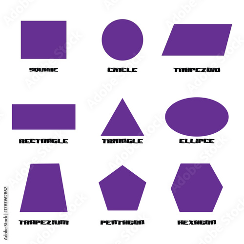 Collection of fundamental 2D geometric shapes including polygons and curves in purple, with names, for educational resources and graphic design elements.