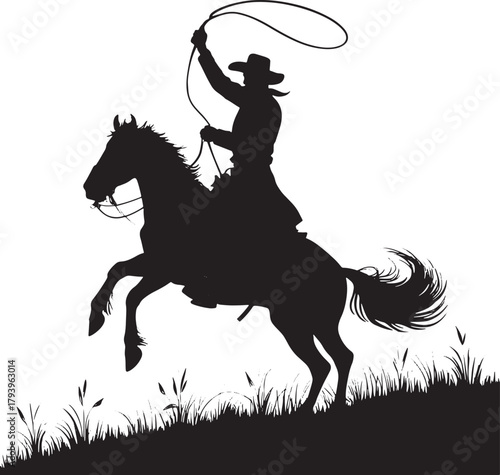 Bold monochromatic silhouette of a cowboy on a rearing horse with swinging lasso, capturing dynamic Wild West energy and adventurous spirit.